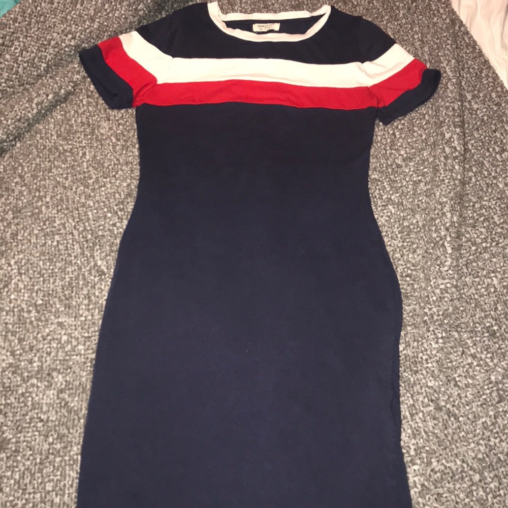 Blue, red, and white dress.